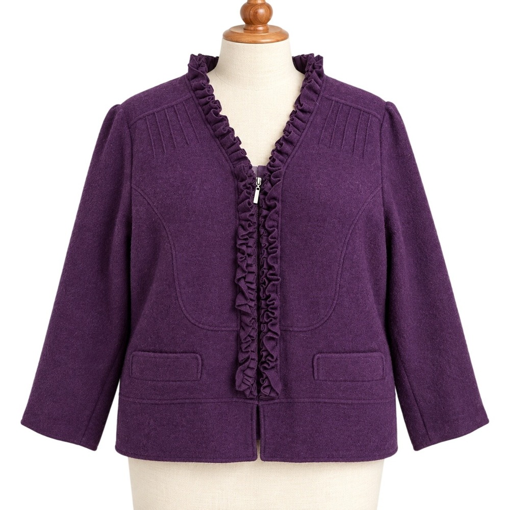 Marisa Christina Boiled Wool Jacket Women 1X Purple Ruffle Zip Front Pleated